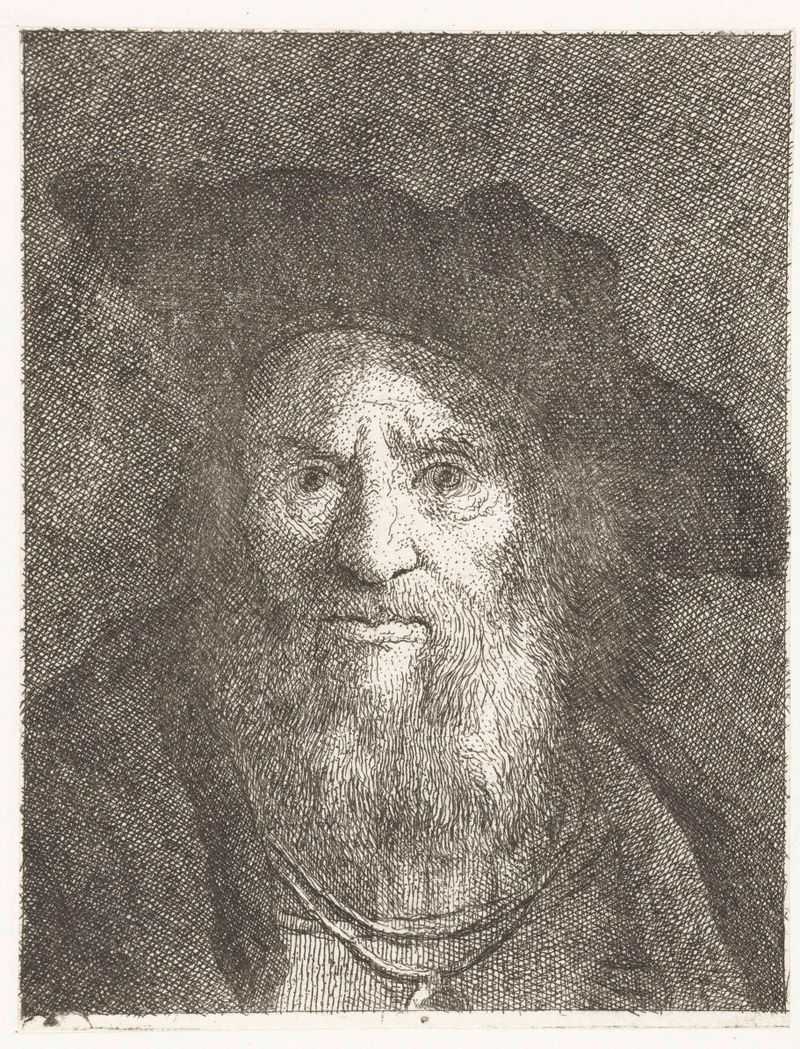 Grabado de Giovanni Domenico Tiepolo que representa una figura contemplativa en ricos textiles