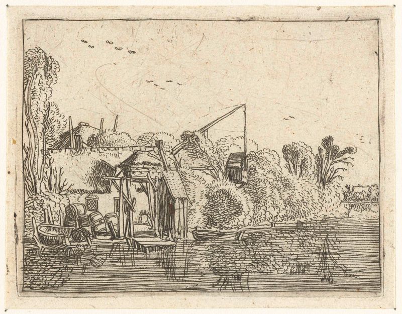 Brouwerij aan de oever van een rivier, grabado de Esaias van de Velde