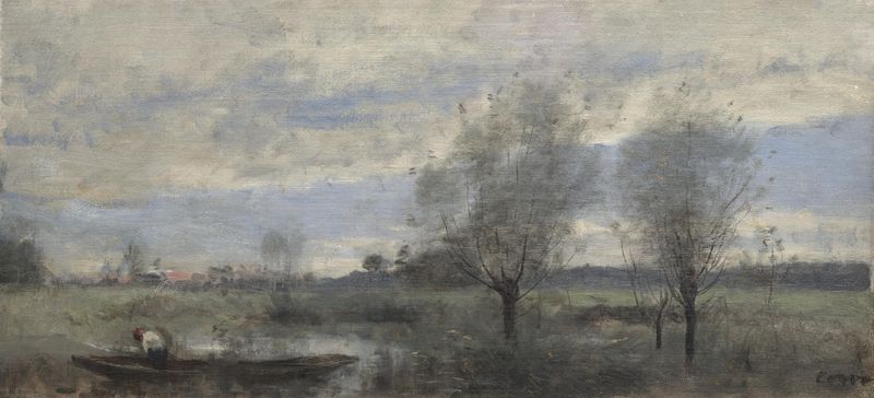 Palluel, Boater in the Marshes de Jean-Baptiste-Camille Corot, óleo sobre tela que retrata uma tranquila cena de pântano.