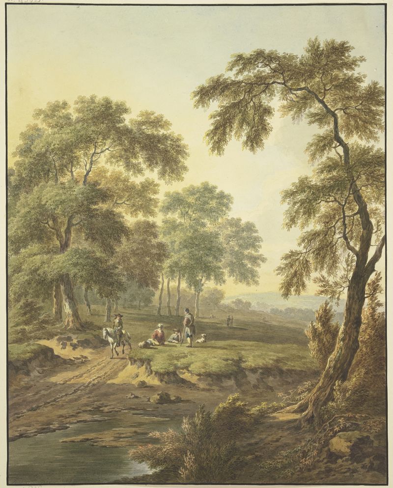 Landscape featuring a river, horse, and people by Abraham Teerlink