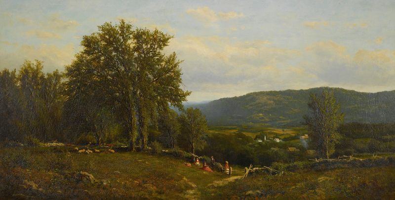 óleo sobre lienzo de John Clinton Ogilvie que muestra montañas rugosas bajo un suave cielo azul