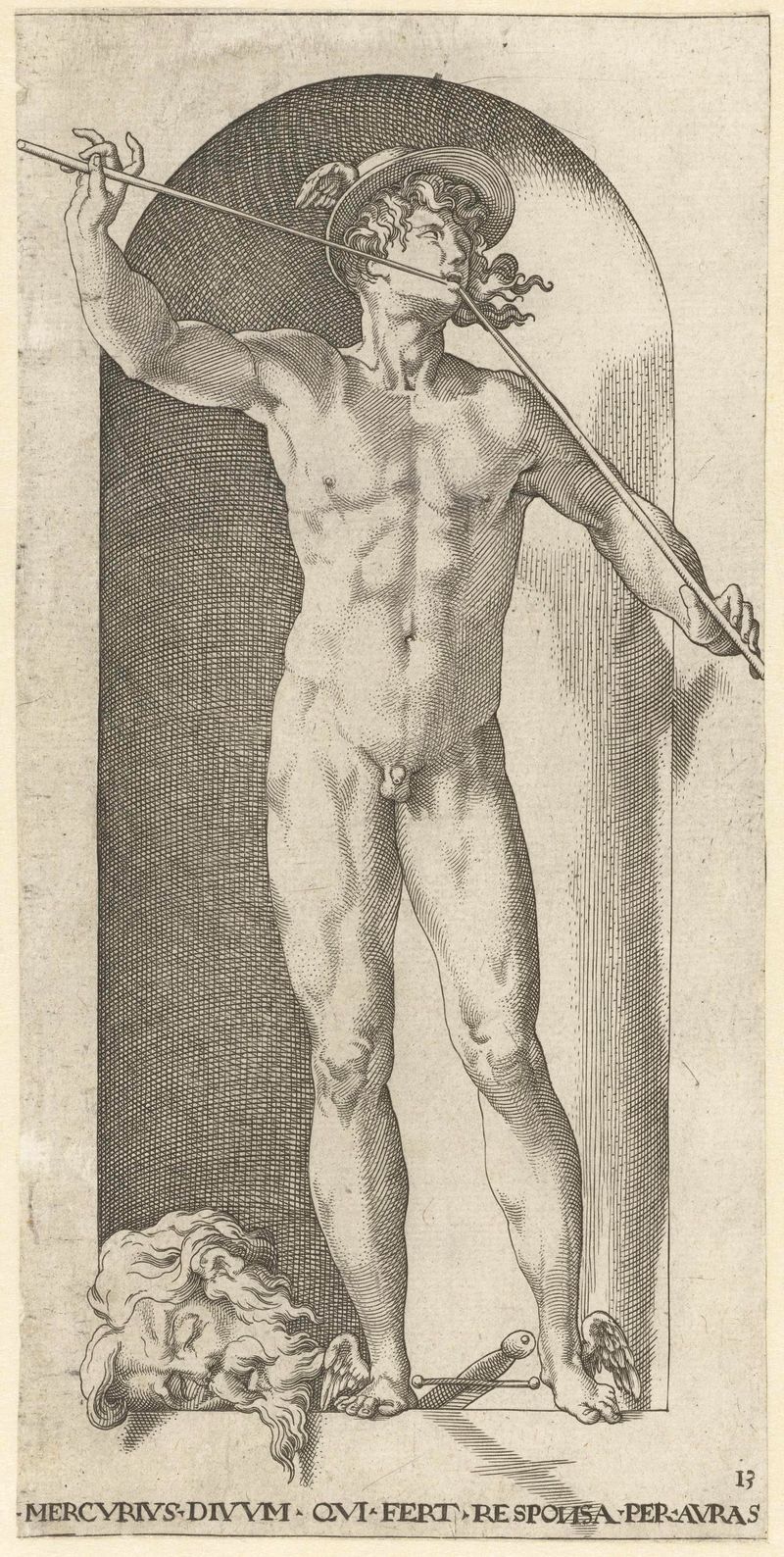 Mercurius met het hoofd van Argus engraving by Jacob Binck, featuring Mercury and Argus's head.