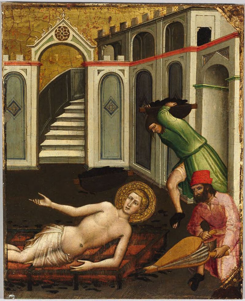 Tempera sobre panel de Mariotto di Nardo que muestra a San Lorenzo atado a una parrilla rodeado de llamas.