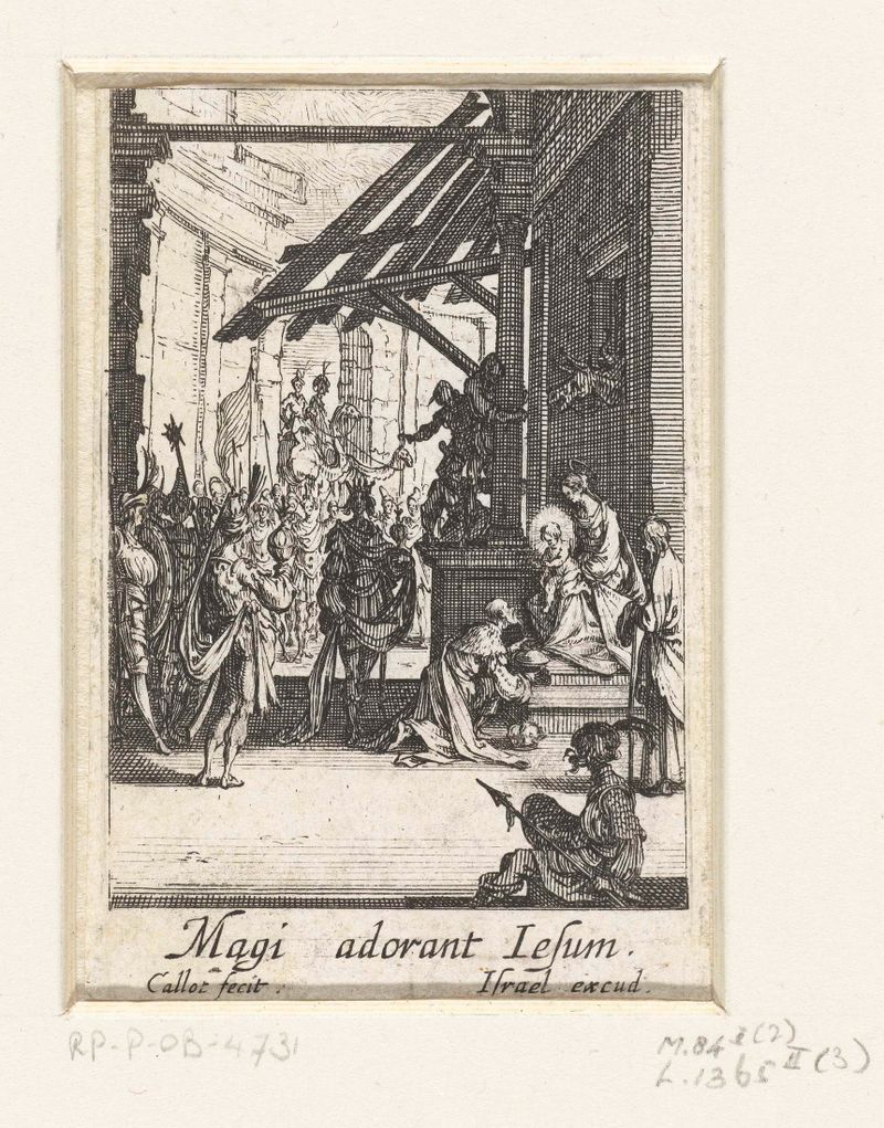 Gravura de Jacques Callot mostrando três reis se curvando em reverência, iluminados por luz suave.