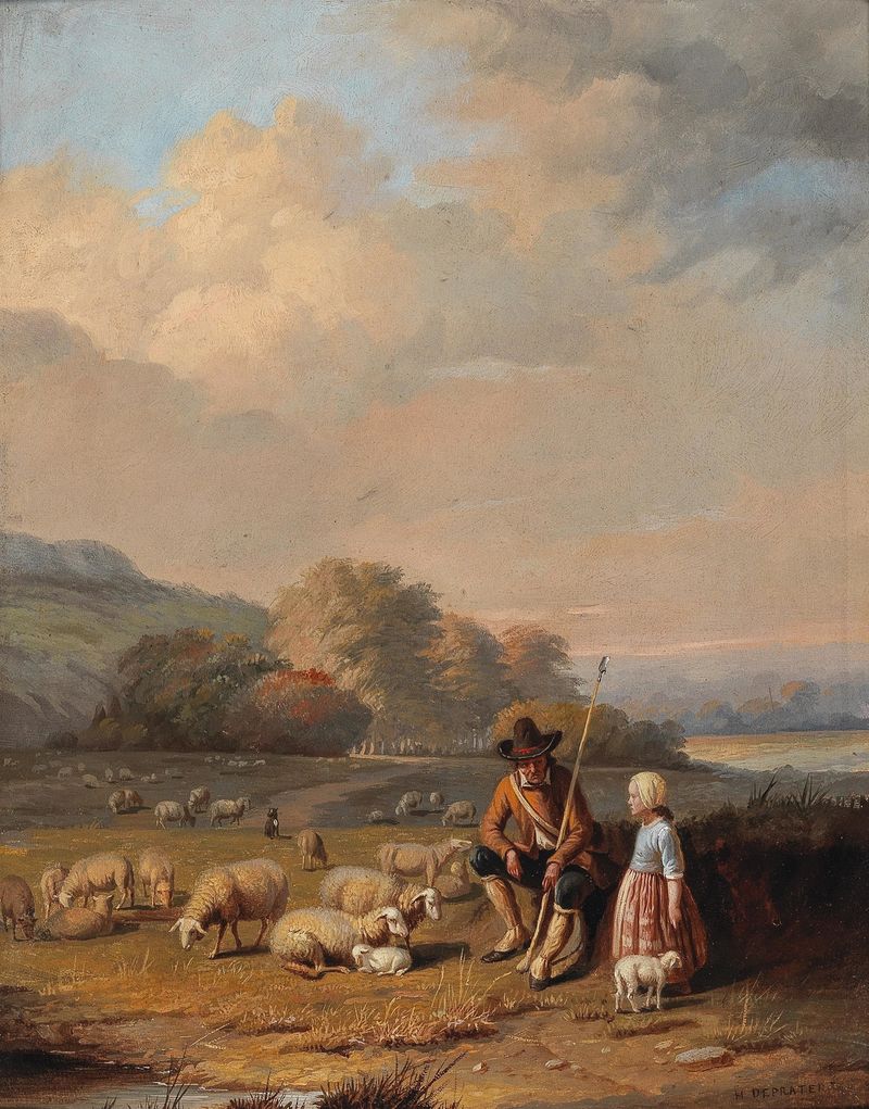Obra de Romanticismo de Henri Pratere mostrando um pastor segurando uma criança em uma paisagem quente