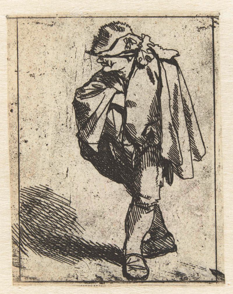 Retrato de un hombre con una capa azul, grabado de Cornelis Pietersz. Bega