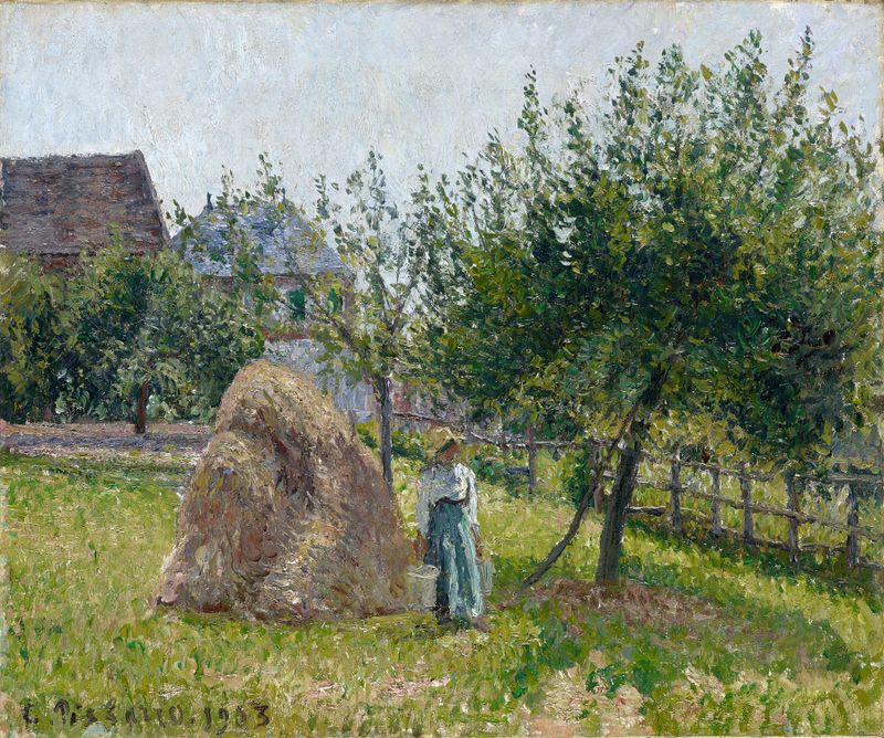Apple Trees in Eragny, Sunny Morning de Camille Pissarro, óleo sobre tela mostrando macieiras em flor.