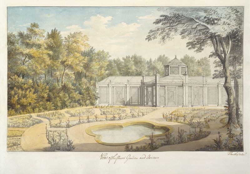 View of the Flower Garden and Aviary at Kew, watercolor on paper by Thomas Sandby