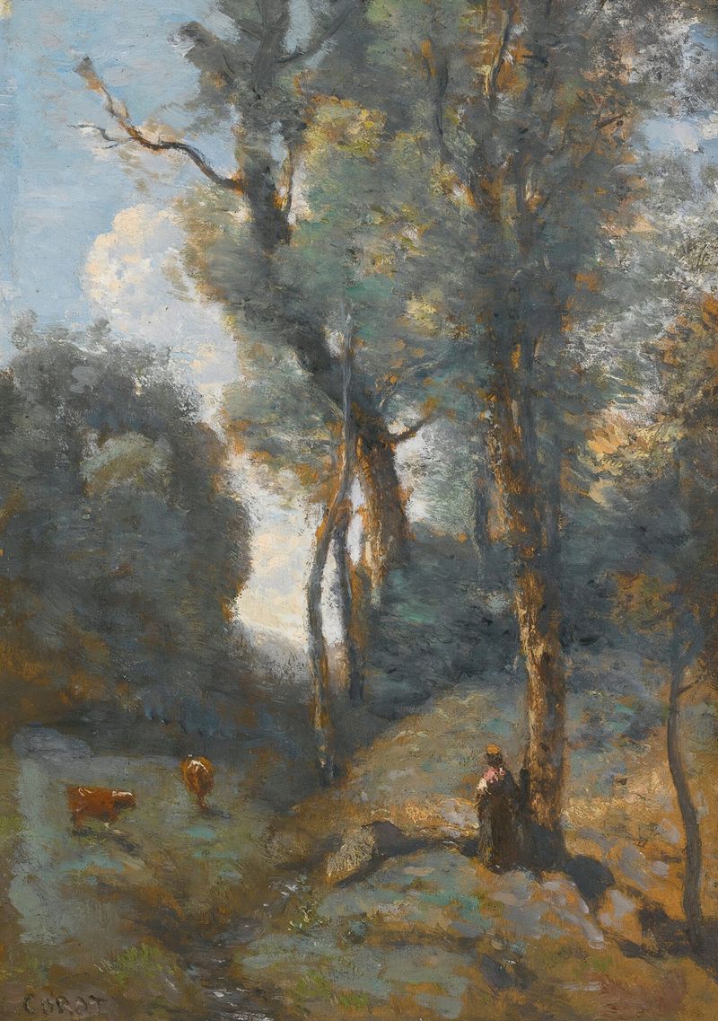 Paisaje con árboles y colina, pintura al óleo de Jean-Baptiste-Camille Corot
