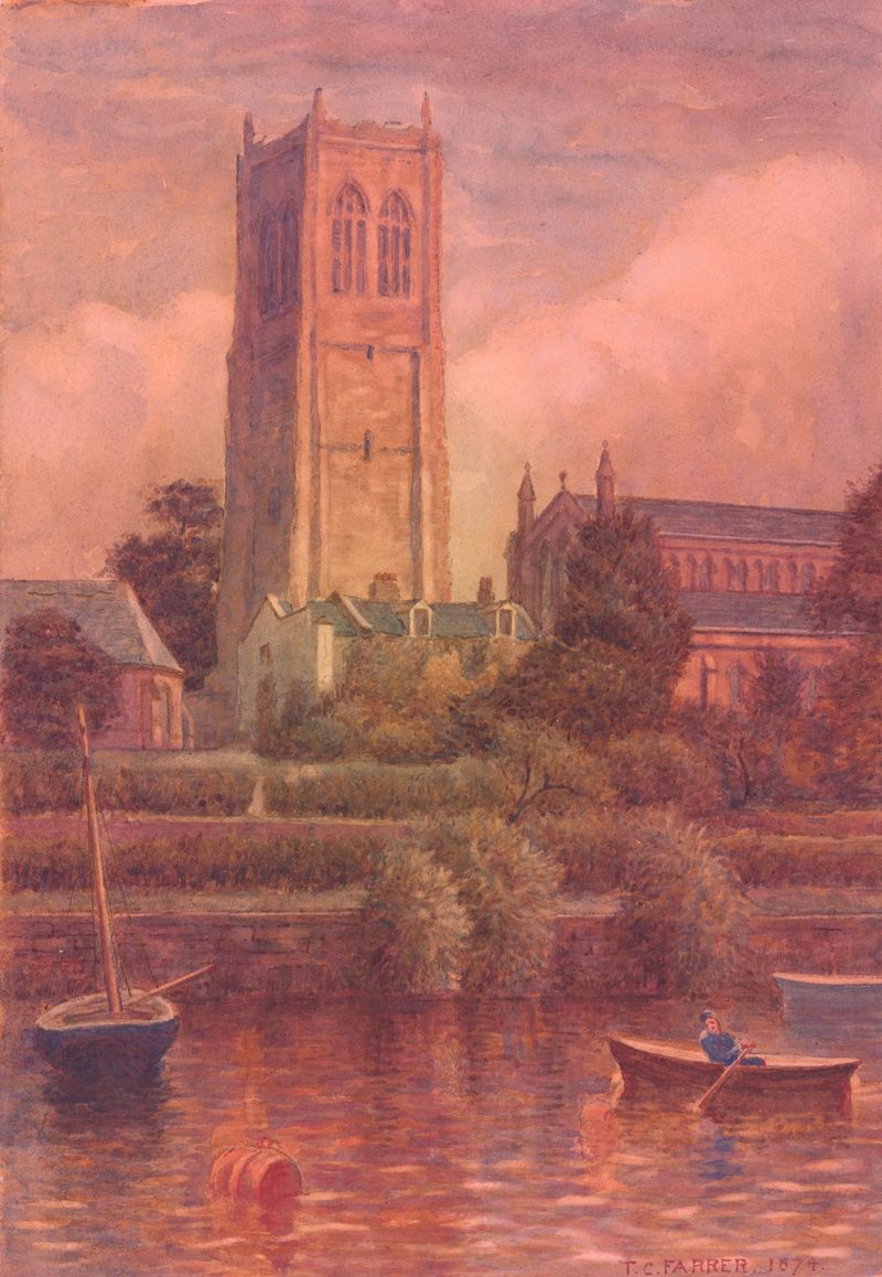 Pintura al óleo de paisaje victoriano de Thomas Charles Farrer que muestra la Iglesia de San Juan Bautista y el río Dee