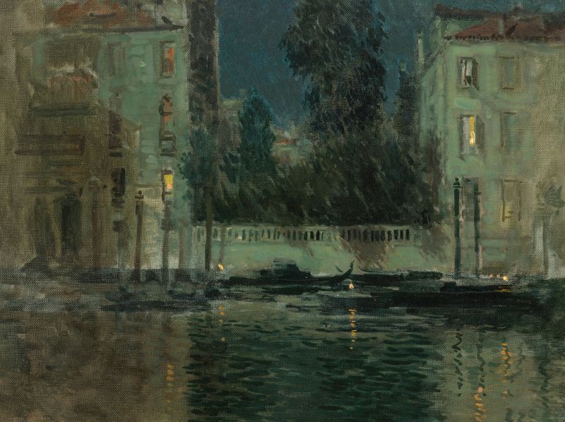 Oil on canvas by Paul Cornoyer depicting a Venetian canal at night with moonlight reflections.