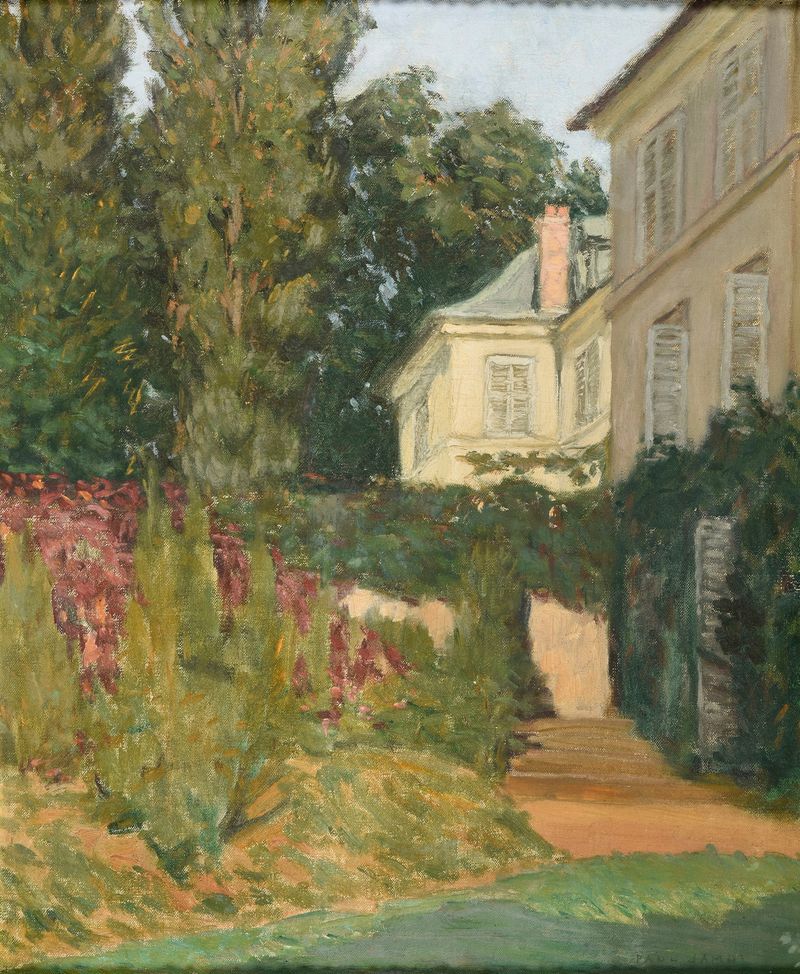 Les Terrasses de Bièvres by Paul Jamot, oil painting depicting rooftops at sunset with warm colors.
