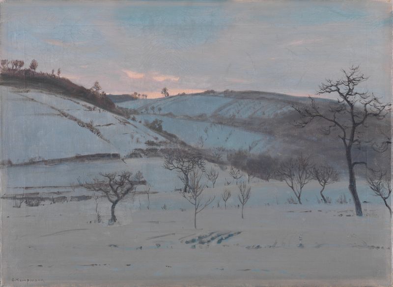 Wintermorgen bei Grötzingen de Gustav Kampmann, paisagem impressionista com geada nas árvores