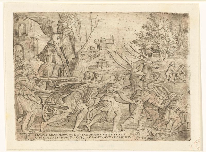 Grabado alegórico de Georg Pencz que representa el Tiempo como figura femenina con tela fluida