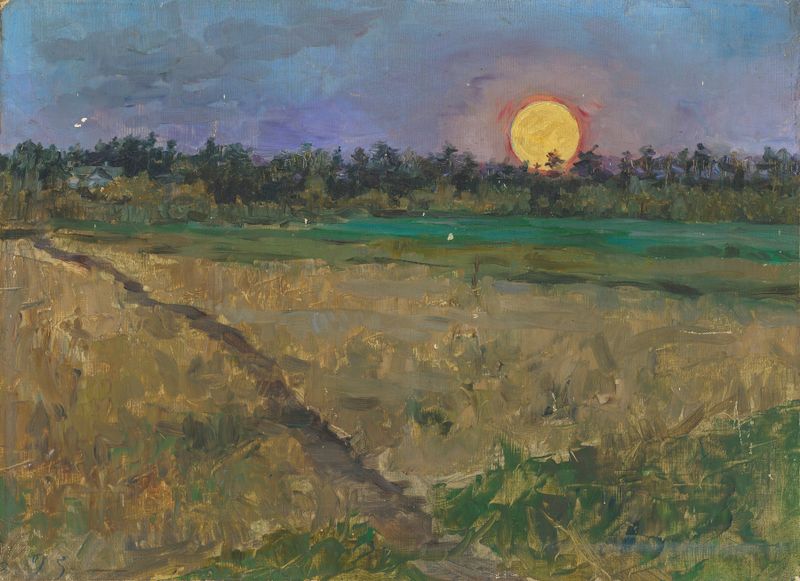Moonrise by Maria Yakunchikova, oil painting of a tranquil night landscape with a glowing moon.