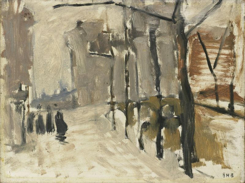 View in the Hague, óleo sobre lienzo de George Hendrik Breitner, que muestra edificios bajo luz suave.