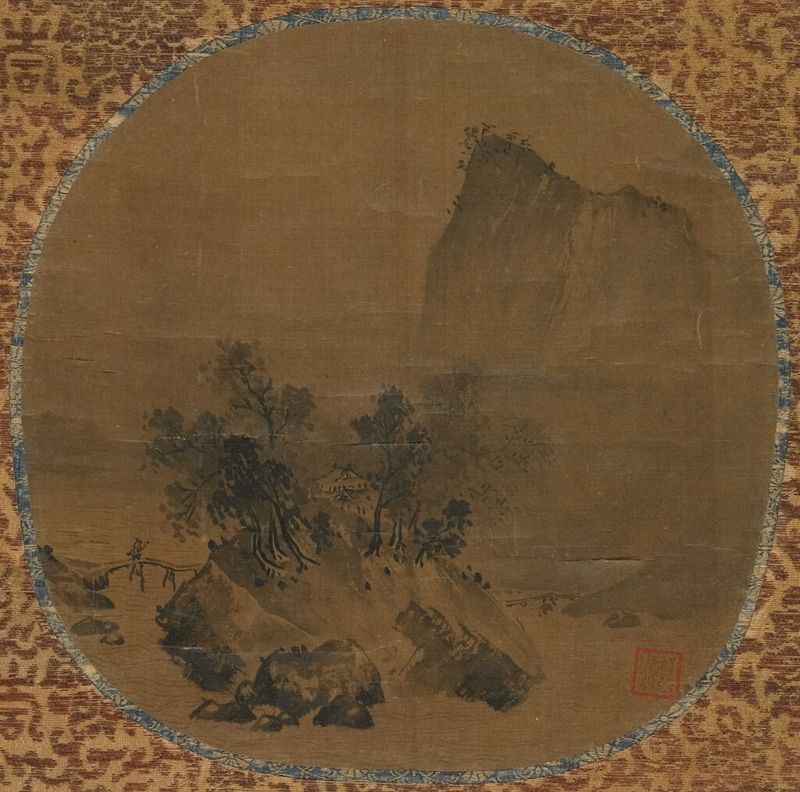 Traveler Crossing a Bridge in a Landscape by Xia Gui, ink on silk, depicting a tranquil bridge and flowing water.