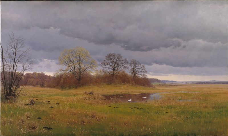 Paisaje con nubes oscuras, pintura al óleo de Hans Friis