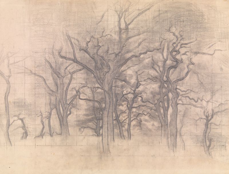 Óleo sobre tela de Vilhelm Hammershøi retratando duas árvores de carvalho em uma paisagem tranquila.