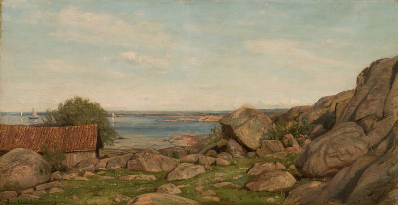 Morgenstemning, Hvaler de Amaldus Nielsen, óleo sobre lienzo que representa el amanecer sobre aguas tranquilas.
