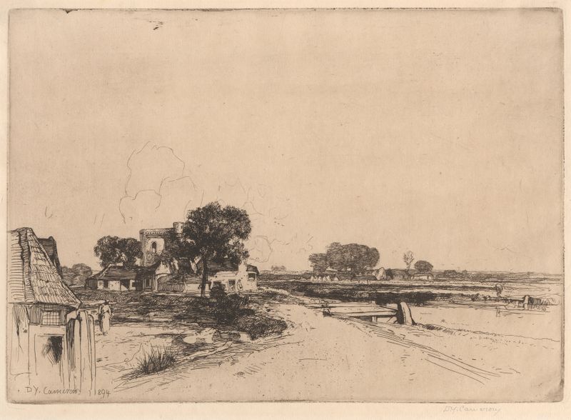 A Border Town de David Young Cameron, óleo sobre tela representando uma vila tranquila à beira de um rio com montanhas.