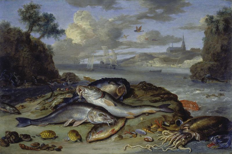 Still life with fish and sea creatures in a coastal landscape, oil painting by Jan Van Kessel The Elder