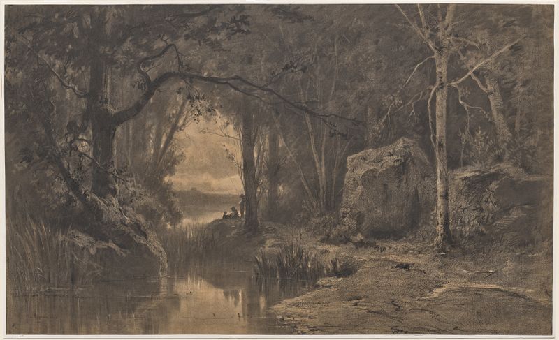 Tres pescadores junto a un río en un bosque, pintura al óleo de Adolphe Appian
