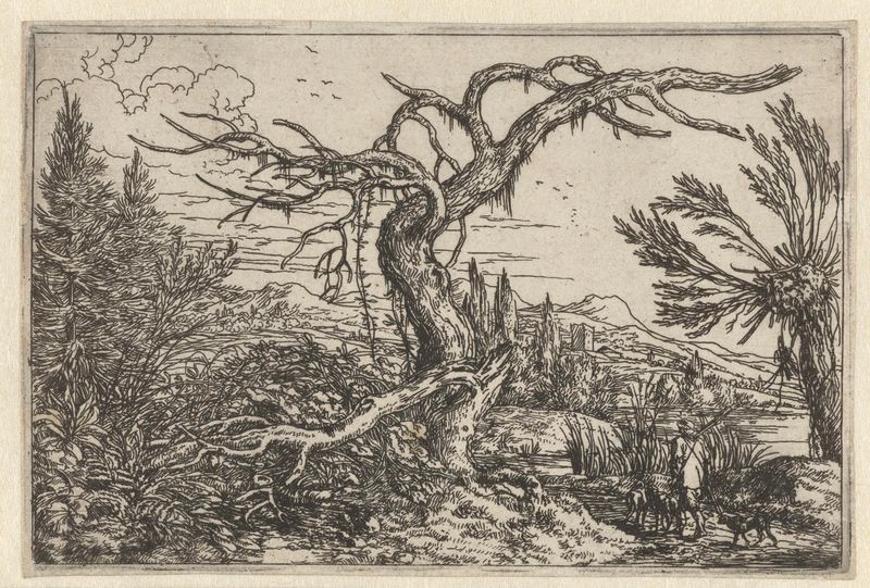 Landschap met de dorre boom, etching by Jonas Umbach depicting a barren tree in a landscape.