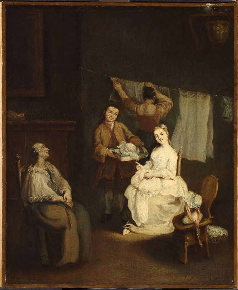 Pintura figurativa a óleo de Pietro Longhi retratando uma mulher em um vestido e chapéu luxuosos.