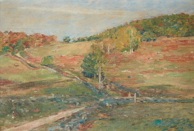 Vermont Hillside by Theodore Robinson, oil on canvas depicting a sunlit hillside with trees.