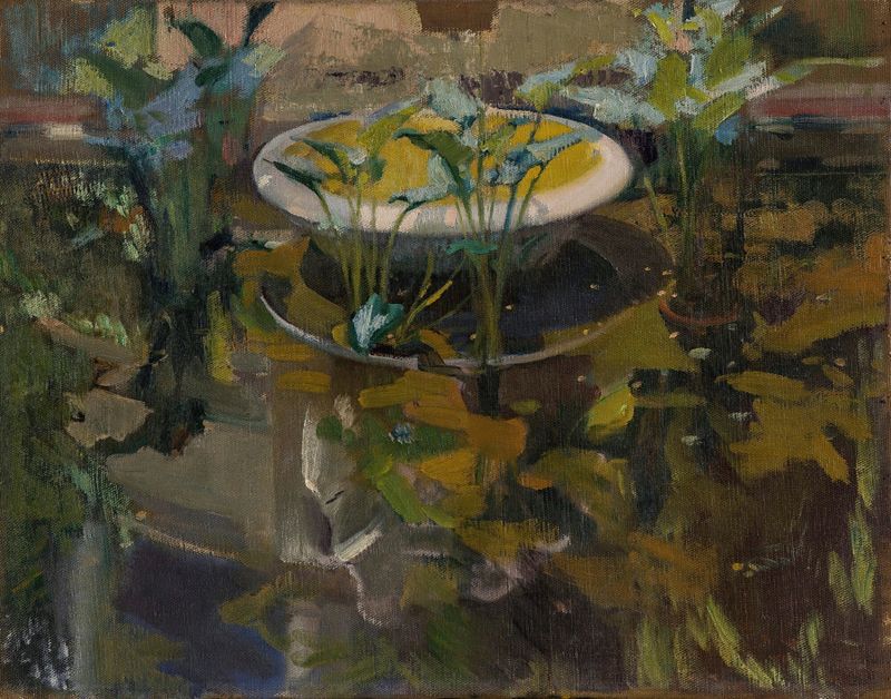 Jardin De La Casa Sorolla de Joaquín Sorolla, óleo sobre lienzo que representa un jardín con una fuente y flores coloridas.