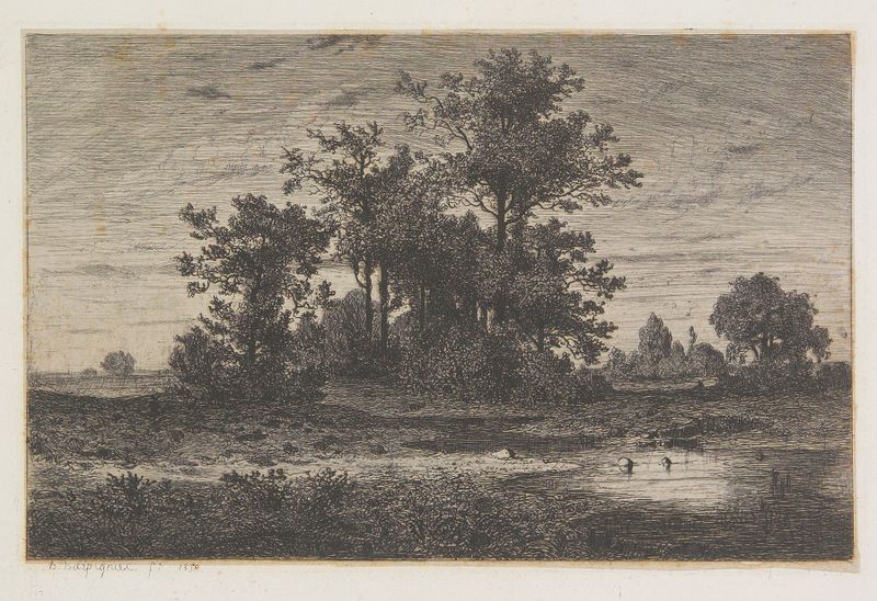 Paysage boisé avec l’étang de Henri-Joseph Harpignies, pintura al óleo que muestra un estanque sereno y árboles.
