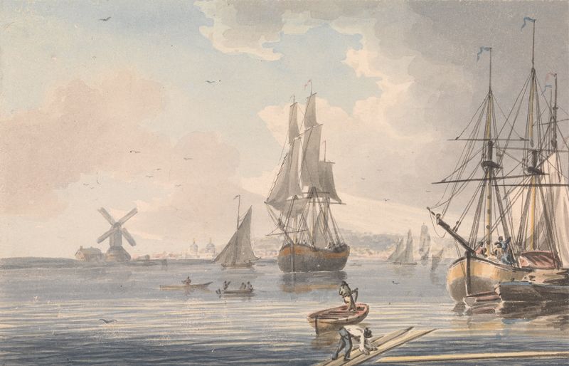 Cena marinha com navios envelhecidos, óleo sobre tela de John Cleveley o Jovem