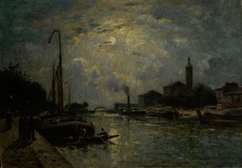 paisagem iluminada pela lua com barcos no rio, óleo sobre tela de Stanislas Lépine