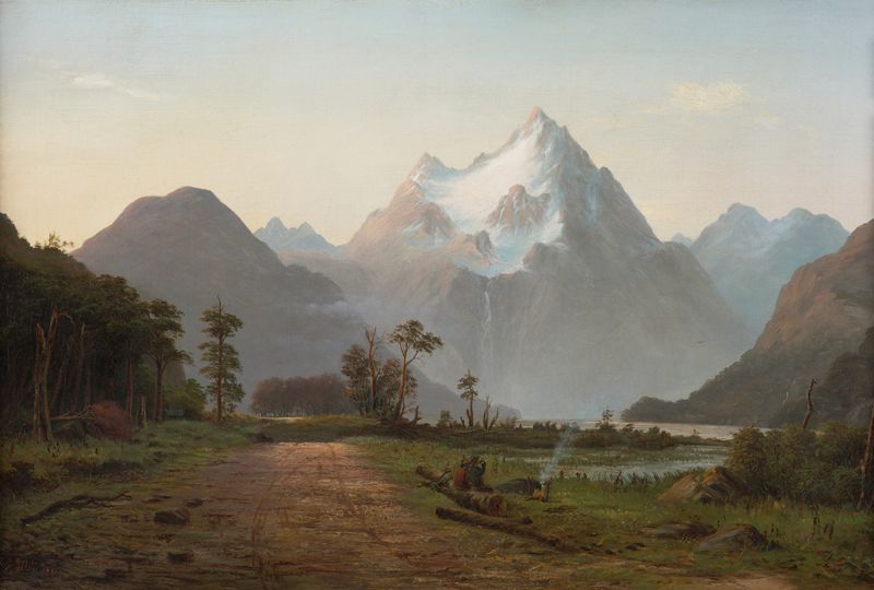 Duas figuras fervendo chá em uma paisagem, óleo sobre tela de John Gibb