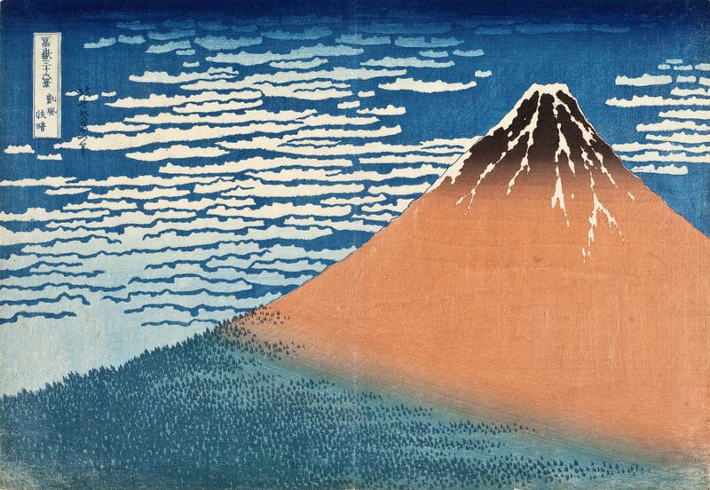 Ukiyo-e by Katsushika Hokusai depicting mountains and a clear sky