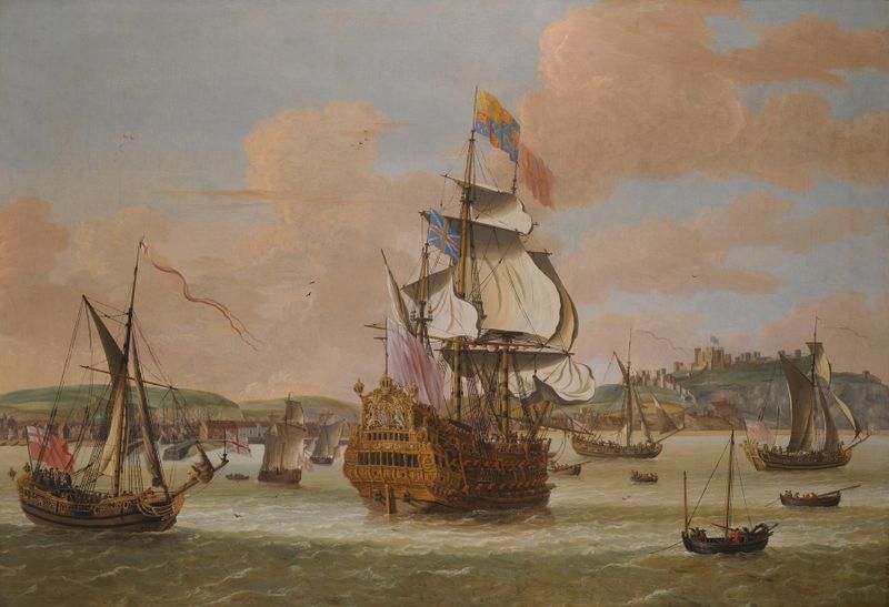 Escena histórica de Carlos II y James, Duque de York en H.M.S. Triumph, óleo de Jacob Knyff