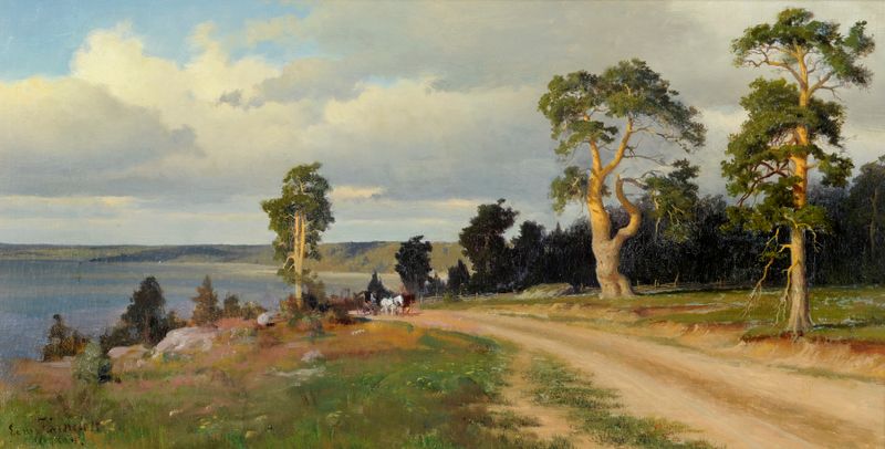 Paisaje de Eero Järnefelt, pintura al óleo que muestra colinas y un cielo vibrante