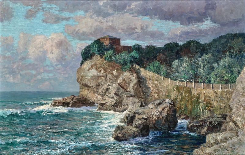 Paisaje de Villa Percanetti en Recco de Alfred Zoff, que muestra exuberante vegetación y colinas.