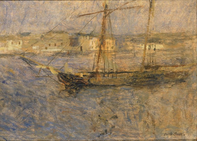 Oil painting of ships at anchor in a harbor by Frank Edwin Scott