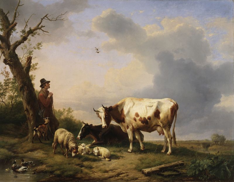 Landscape with animals by Eugène Joseph Verboeckhoven, oil on canvas, featuring grazing sheep in a lush setting.