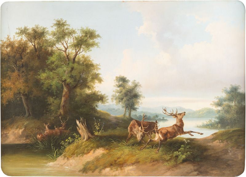 Paisaje con ciervos luchando de Franz Barbarini, óleo que muestra ciervos en un bosque exuberante.