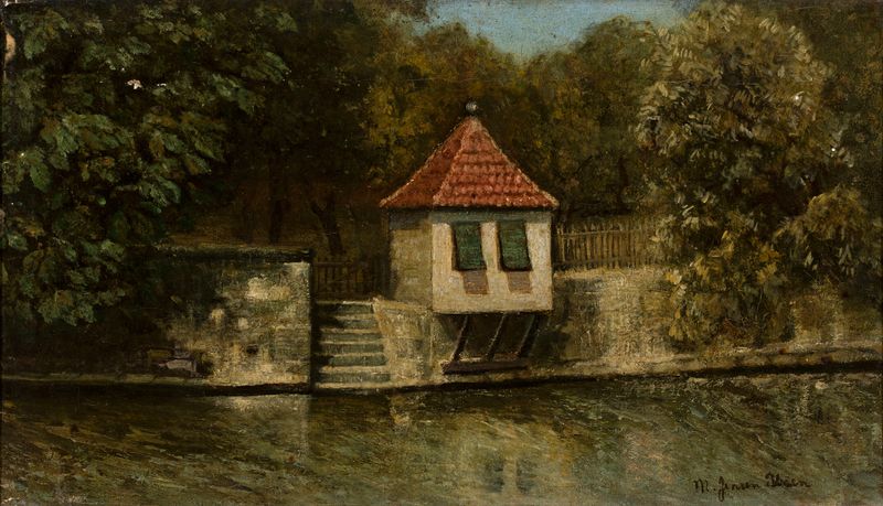 Steps to the pond de Marie Ibsen Jensen, pintura al óleo que muestra un camino serpenteante hacia un estanque tranquilo.