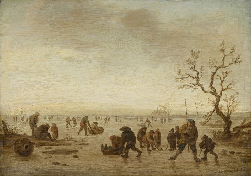 Skaters on the Ice by Isaac van Ostade, oil on canvas, figures skating on a frozen landscape.