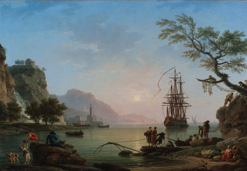 Porto de pesca ao amanhecer, óleo sobre tela de Claude-Joseph Vernet, com pescadores em silhueta contra a água.
