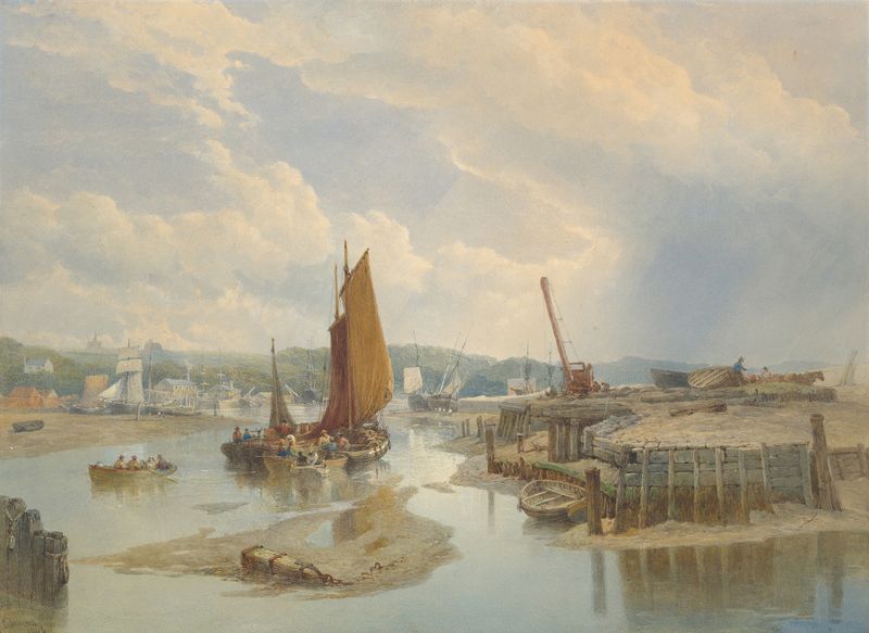 A Town on an Estuary at Low Tide by Edward Duncan, depicting a serene landscape with low tide.