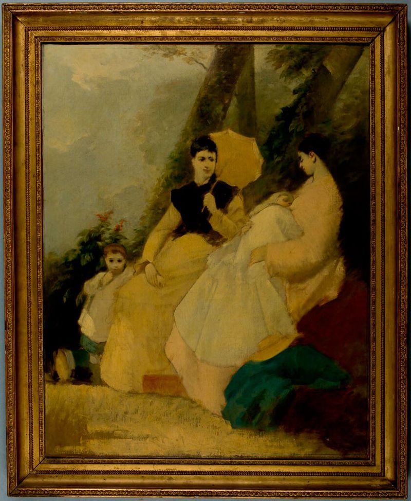 Mulheres e crianças em um jardim, óleo sobre tela de um artista não identificado