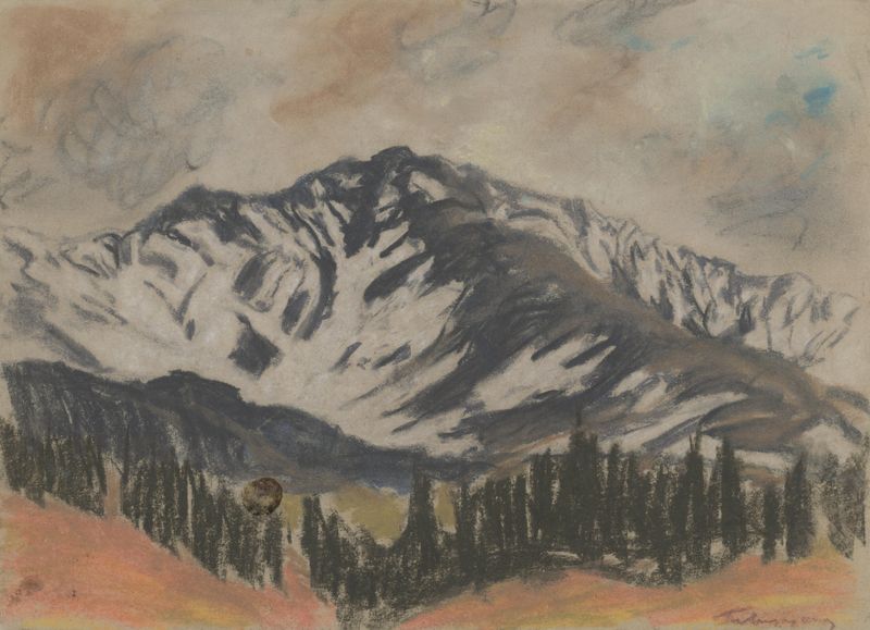 Landscape with rolling hills and coniferous trees by Zolo Palugyay, oil painting