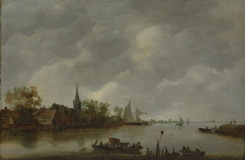 River View with a Village Church, pintura a óleo de Unknown Artist