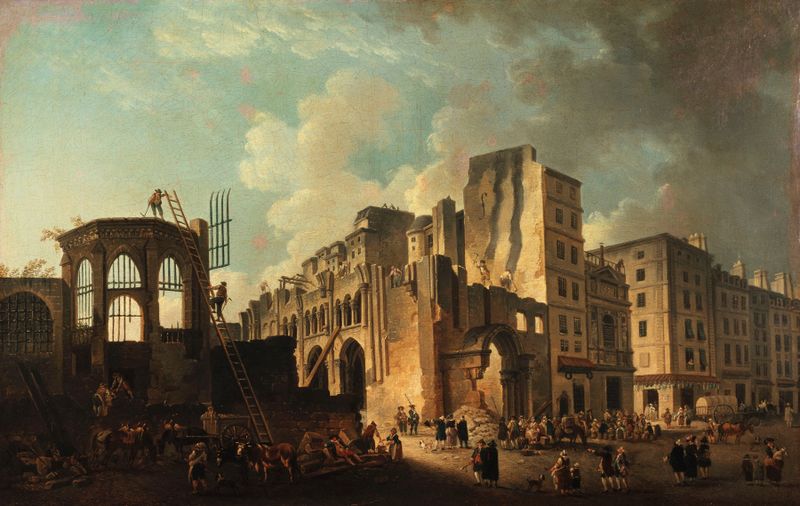 Engraving by Pierre-Antoine Demachy depicting the ruins of a church